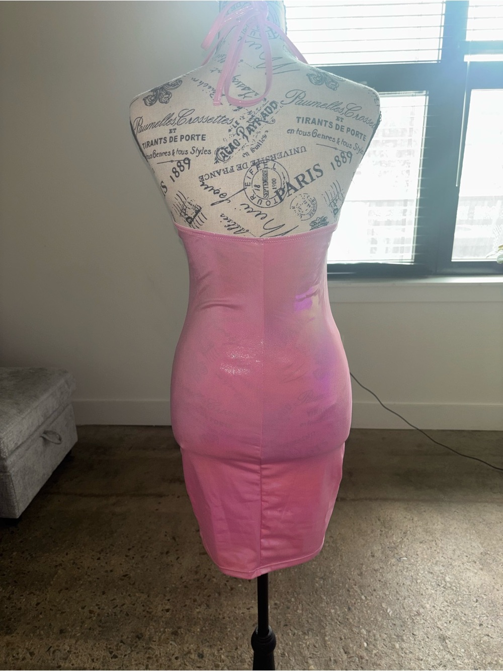 Pink Vinyl Halter Bodycon Dress - Picture 5 of 6